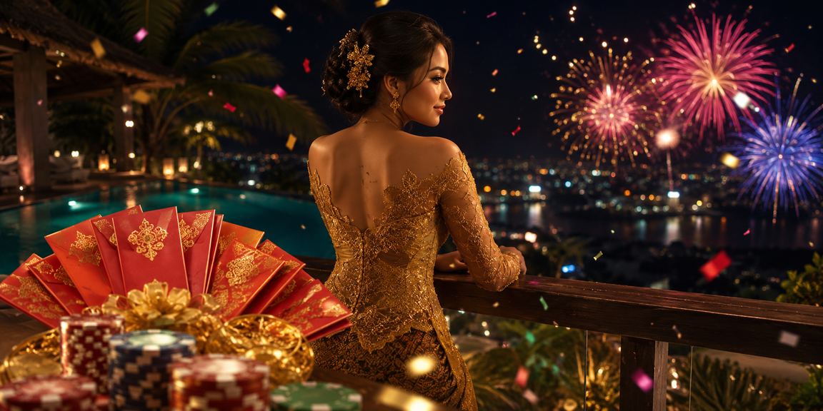 Amplop merah bonus di tepi pantai melambangkan hadiah dan keamanan transaksi