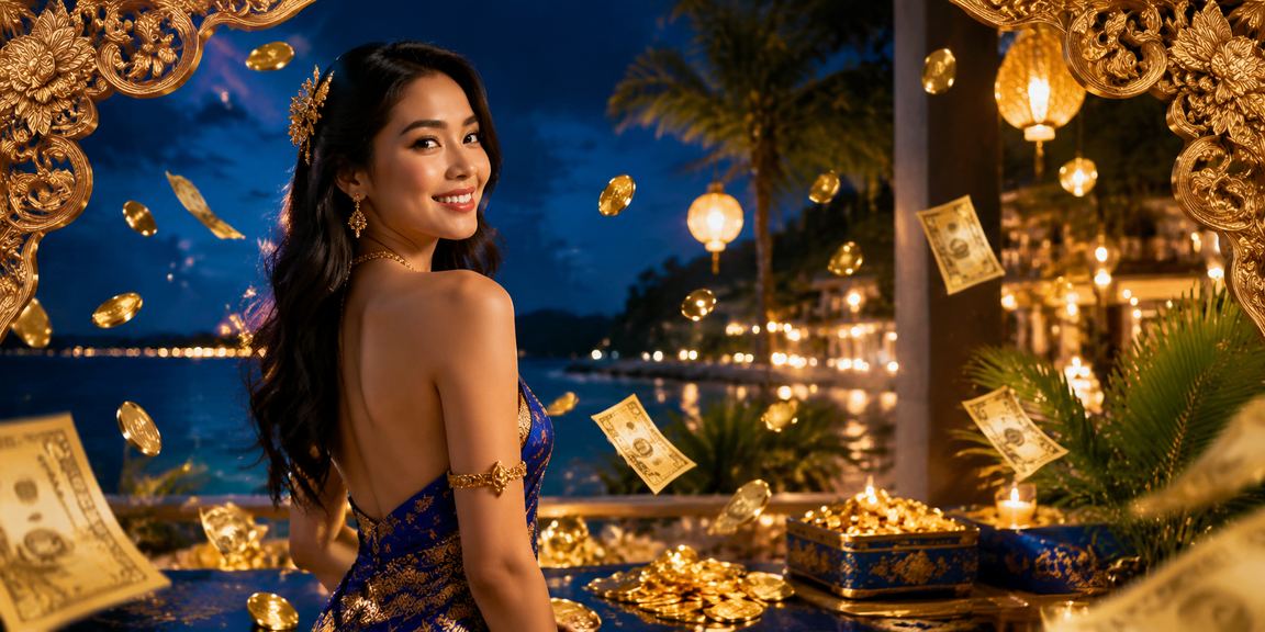 Ilustrasi penawaran cashback bonus di tepi pantai bagi pemain